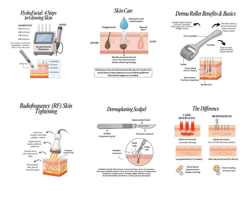 Puede incluir: Una infograf&iacute;a que detalla tratamientos para el cuidado de la piel. Incluye informaci&oacute;n sobre HydraFacial, cuidado de la piel, Derma Roller, tensado de la piel por radiofrecuencia, Dermaplaning y una comparaci&oacute;n de resurfacing con l&aacute;ser y microneedling.