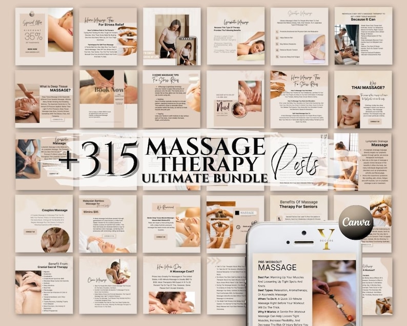 May include: A collage of images promoting massage therapy services. The images feature people receiving massages, with text overlays about the benefits of massage, different types of massage, and booking information. The text "+315 Massage Therapy Posts Ultimate Bundle" is prominently displayed in the centre of the collage.