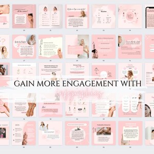 May include: A collection of pink and white infographic templates for social media. The templates feature various topics related to skincare, including morning routines, how often to exfoliate, and the benefits of rose water. The text "GAIN MORE ENGAGEMENT WITH infographics" is displayed in a large font.