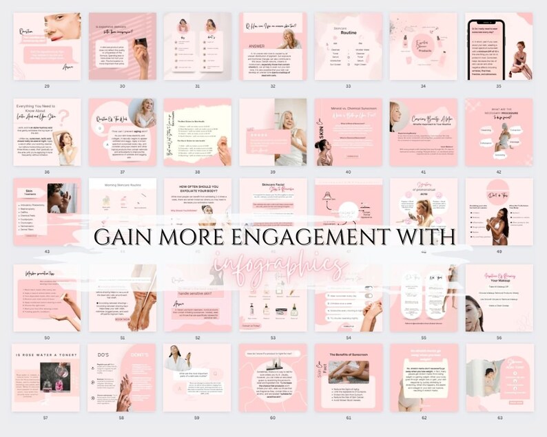 May include: A collection of pink and white infographic templates for social media. The templates feature various topics related to skincare, including morning routines, how often to exfoliate, and the benefits of rose water. The text "GAIN MORE ENGAGEMENT WITH infographics" is displayed in a large font.