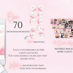 May include: A pink and white digital marketing kit for social media with over 70 Instagram highlights and 40 Pinterest pins. The kit is fully customizable in Canva and includes a modern background that goes with your brand.