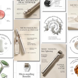 May include: A collection of informational cards about micro-needling treatments. The cards feature text and diagrams explaining the process, benefits, and aftercare. Tools like rollers and skincare products are also shown. The color palette is neutral with white, beige, and silver.