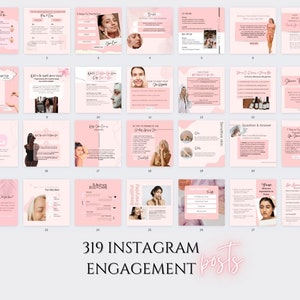 May include: A collage of 28 pink and white Instagram posts with tips for skincare. The text "319 INSTAGRAM ENGAGEMENT posts" is at the bottom of the image.