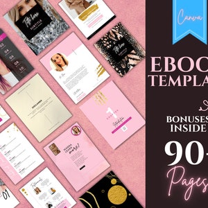 Puede incluir: Una plantilla de libro electr&oacute;nico rosa y negro con el texto "EBOOK TEMPLATE" en letras rosa ne&oacute;n. La plantilla incluye m&aacute;s de 90 p&aacute;ginas y bonificaciones en el interior. El texto "Canva" est&aacute; en un c&iacute;rculo azul.