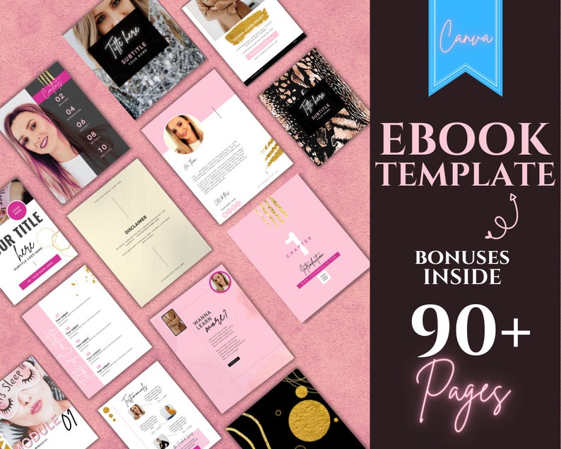 Puede incluir: Una plantilla de libro electr&oacute;nico rosa y negro con el texto "EBOOK TEMPLATE" en letras rosa ne&oacute;n. La plantilla incluye m&aacute;s de 90 p&aacute;ginas y bonificaciones en el interior. El texto "Canva" est&aacute; en un c&iacute;rculo azul.