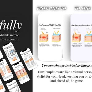 Puede incluir: Imagen promocional con fondo en blanco y negro. Se muestra el texto "fully editable in free canva account". Se muestran varias maquetas de pantallas de tel&eacute;fono con diagramas de cuidado de la piel, junto con el texto "FROM THIS TO" y "TO THIS". Tambi&eacute;n se muestra el texto "You can change text/color/image etc.".