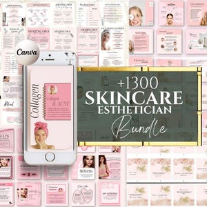 May include: A collage of pink and white images with the text "+1300 SKINCARE ESTHETICIAN Bundle" in a gold frame. The images feature skincare products, tips, and information. The text "Canva" is visible in the top left corner.