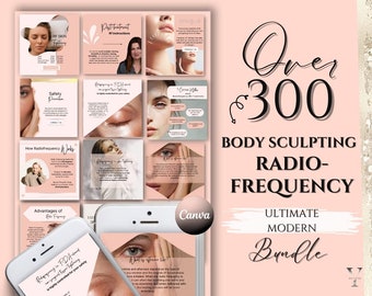 May include: A pink and white graphic design with the text "Over 300 Body Sculpting Radio-Frequency Ultimate Modern Bundle". The graphic design features a collage of images of women's faces and text about radiofrequency skin tightening.