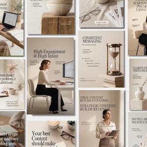 May include: A collection of marketing and content strategy graphics with text overlays. The images feature people working on laptops and tablets, along with text like "High Engagement # High Intent" and "Viral Content Builds Attention."