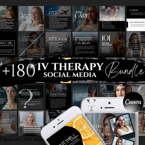 Könnte beinhalten: Eine Collage von Social-Media-Grafiken für ein IV-Therapie-Unternehmen. Die Grafiken zeigen Schwarzweißbilder von Menschen, die eine IV-Therapie erhalten, sowie Text über die Vorteile der IV-Therapie. Die Grafiken sind für die Verwendung auf Social-Media-Plattformen wie Instagram und Facebook konzipiert.