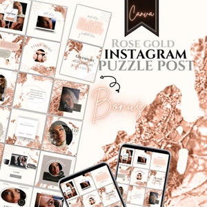 Instagram Puzzle Template, Rose Gold Instagram Post Templates, Canva Puzzle Feed, Influencer Beauty Blogger Skincare Social Media Marketing
