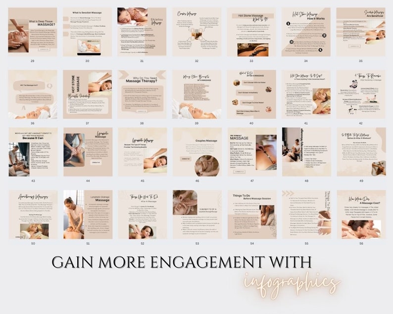 May include: A collection of 16 Instagram story templates for massage therapists. The templates feature a neutral beige background with brown accents and text that includes the words "Massage Therapy", "Hot Stone Massage", "Swedish Massage", "Couples Massage", "Lymphatic Massage", "Aromatherapy Massage", "Things to Do Before Massage", "How Often Do You Get a Massage?" and "Why You Need Massage Therapy?"
