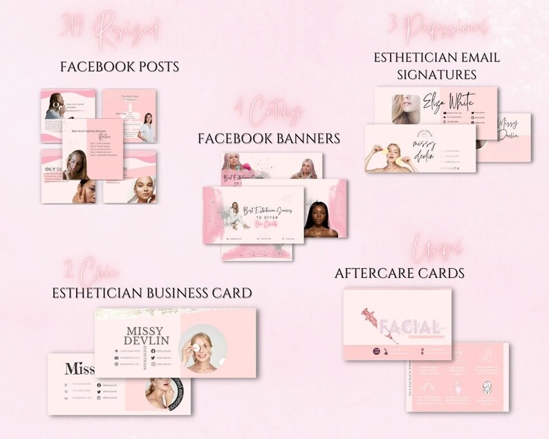 May include: A pink and white graphic design template for an esthetician's business. The template includes Facebook posts, banners, business cards, email signatures, and aftercare cards. The design features a pink and white color scheme with a feminine and modern aesthetic.