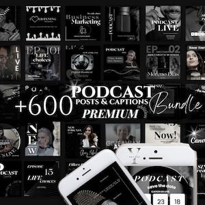 Puede incluir: Un collage de imágenes en blanco y negro que promocionan un podcast. Las imágenes presentan texto como "Podcast", "Escuchar ahora", "Opciones de vida" y "Nuevo podcast". El texto "Podcast +600 publicaciones y leyendas Bundle Premium" está en letras blancas grandes sobre un fondo negro.