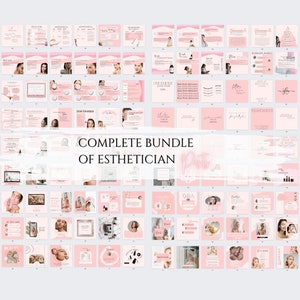 May include: A pink and white digital marketing kit for estheticians. The kit includes social media templates, client intake forms, and other marketing materials. The text "Complete Bundle of Esthetician" is visible in the center of the image.