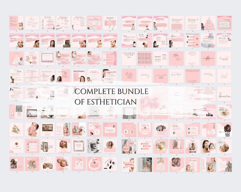 May include: A pink and white digital marketing kit for estheticians. The kit includes social media templates, client intake forms, and other marketing materials. The text "Complete Bundle of Esthetician" is visible in the center of the image.