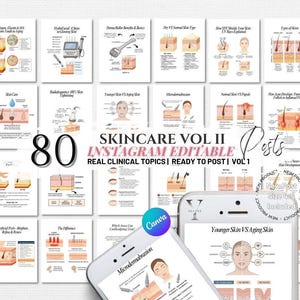 Puede incluir: Un conjunto de 80 publicaciones de Instagram sobre el cuidado de la piel, con diagramas e ilustraciones sobre diversos tratamientos y afecciones cut&aacute;neas. El texto incluye "SKINCARE VOL II", "INSTAGRAM EDITABLE" y "REAL CLINICAL TOPICS".