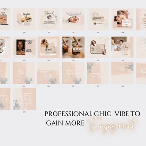 May include: A collection of 19 Instagram post templates with a peach background and silver accents. The text "PROFESSIONAL CHIC VIBE TO GAIN MORE Engagement" is at the bottom of the image.