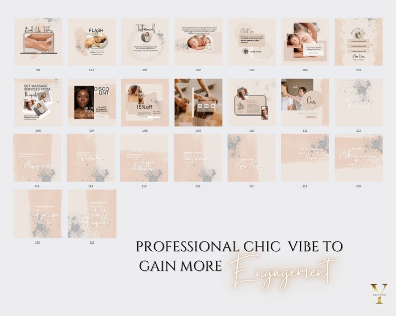May include: A collection of 19 Instagram post templates with a peach background and silver accents. The text "PROFESSIONAL CHIC VIBE TO GAIN MORE Engagement" is at the bottom of the image.
