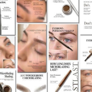 May include: A collection of images detailing microblading and permanent makeup. The images show close-ups of eyebrows, tools, and text providing information about the procedure, aftercare, and various techniques. The colour scheme is neutral, featuring browns and beiges.