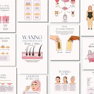 May include: A series of posters providing information on waxing techniques and hair removal. The posters cover topics such as hair regrowth, waxing myths, and aftercare tips. The illustrations and text are presented in a pink and white color scheme, offering a visual guide.