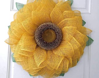 Deco Mesh Sunflower Wreath, Summer Door Hanger, 22 inch