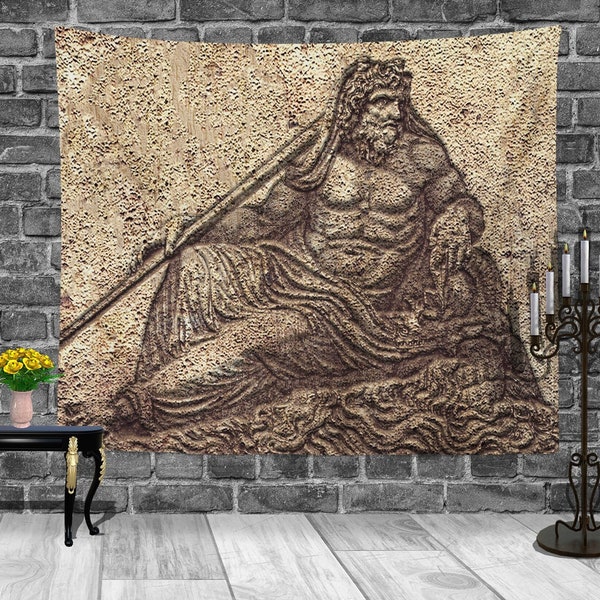 Poseidon tapestry, Greek god tapestry, antique tapestry wall hanging, Greek mythology gift, vintage Greek tapestry, saint tapestry