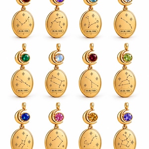 May include: Twelve gold-toned oval pendants, each featuring a crescent moon charm with a round gemstone at the top. The oval plates are engraved with various star constellations and the date 06.06.1999 at the bottom of each piece.
