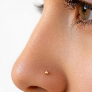 May include: A small, polished gold-tone ball nose stud piercing jewelry positioned on the side of a nostril. The stud features a smooth, spherical head with a reflective metallic finish, providing a simple and clean aesthetic for facial adornment.