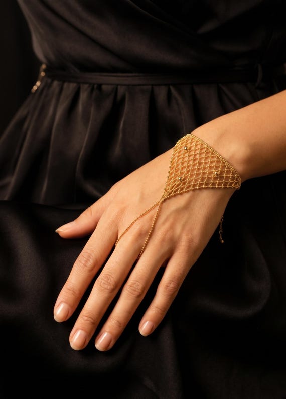 14K 22K Solid Gold Hand Chain Bracelet, 10g Heavy Gold Finger Bracelet, Mesh Slave Bracelet, Unique Fine Jewelry Gift for Her