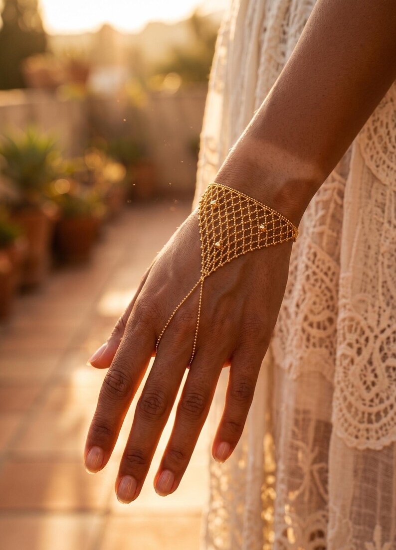 Puede incluir: Una pulsera de cadena de mano dorada. La pulsera presenta un dise&ntilde;o geom&eacute;trico de cuentas interconectadas en la mu&ntilde;eca, con una delicada cadena que se extiende hasta un anillo para el dedo. Peque&ntilde;as cuentas decorativas est&aacute;n intercaladas en el dise&ntilde;o.
