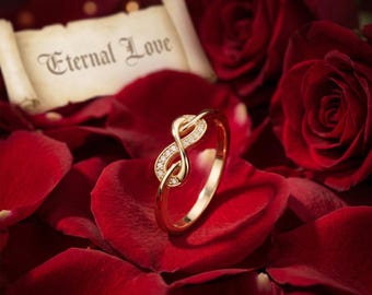 Solid Gold Infinity Ring, Dainty Zircon Band, Minimalist Promise Ring