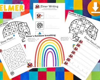 Paquete de hojas de trabajo de Elmer / Imprimibles educativos / Actividades de Pre K / Descarga instantánea / Respiración consciente / escritura /