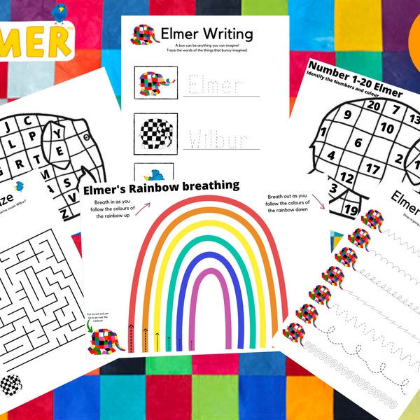 Ensemble de feuilles de calcul Elmer | Imprimés éducatifs | Activités pré K | Téléchargement instantané | Respiration pleine conscience | écriture |