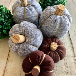 Wine Cork Fabric Pumpkins - Light Blue & Brown - Set of 5