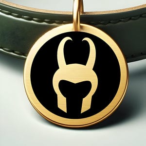 May include: A gold-colored, round pet tag with a black center featuring a stylized, symmetrical design. The tag is attached to a green leather collar. The tag has a gold loop for attachment.