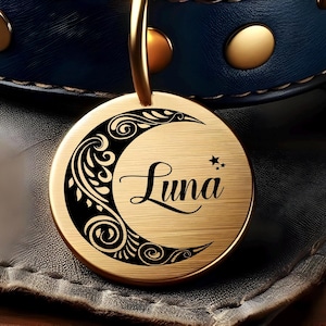 May include: A gold-colored pet tag with a crescent moon design and the name "Luna" in elegant script. The moon is adorned with black decorative patterns and a small star. The tag hangs from a blue leather collar with gold accents.