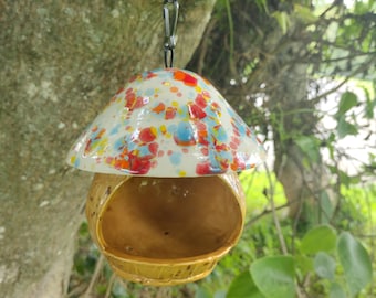 Handcrafted Ceramic Mushroom Bird Feeder: Hanging Garden Decor