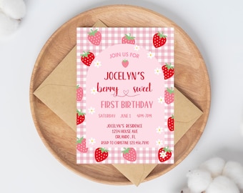 EDITABLE Strawberry Birthday Invitation, Editable Berry Sweet Invite, Printable Strawberry Birthday Invitation Template, Digital Download