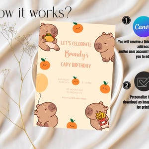 May include: A printable invitation for a birthday party with a capybara theme. The invitation features a cartoon capybara holding a hot dog and a balloon. The text on the invitation reads "Let's Celebrate Brandy's Capy Birthday".