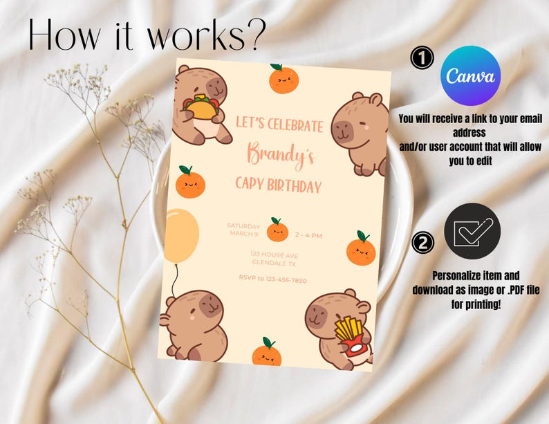 May include: A printable invitation for a birthday party with a capybara theme. The invitation features a cartoon capybara holding a hot dog and a balloon. The text on the invitation reads "Let's Celebrate Brandy's Capy Birthday".