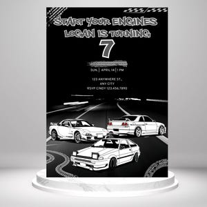 BEWERKBARE eerste 3, JDM auto thema verjaardagsuitnodiging, bewerkbare sportwagen feestuitnodiging digitale auto verjaardagsfeestje uitnodiging sjabloon race