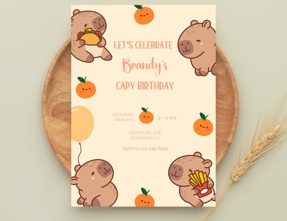 set van 12 Capybara uitnodigingskaarten voor je feest – de