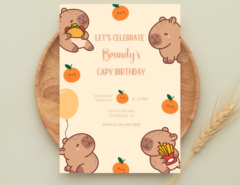 May include: A birthday party invitation with a cartoon capybara holding a taco. The invitation is for Brandy's Capy Birthday party on Saturday, March 9th from 2-4 PM at 123 House Ave, Glendale TX. RSVP to 123-456-7890.