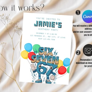 May include: A birthday party invitation with the text "Jamie's Birthday Party" and the words "Six Seven" in a playful font. The invitation includes details like date, time, and address, and is decorated with colorful balloons.