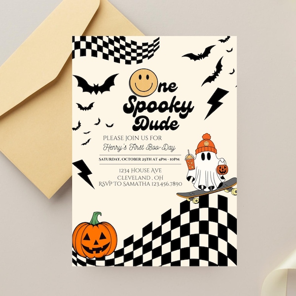 EDITABLE Spooky One Birthday Invitation Template, One Spooky Dude Birthday, Retro Checker Halloween Invite,  Digital File Instant Download