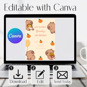 May include: Editable Canva template for a birthday invitation with a capybara illustration and the text "Let's Celebrate Brandy's Capy Birthday". The template has a light pink background with orange and white accents. The template has three buttons: Download, Edit, and Send Today.