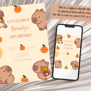 May include: A digital printable invitation for a birthday party. The invitation features a cartoon capybara with a taco and a balloon. The text on the invitation reads "Let's Celebrate Brandy's Capy Birthday".