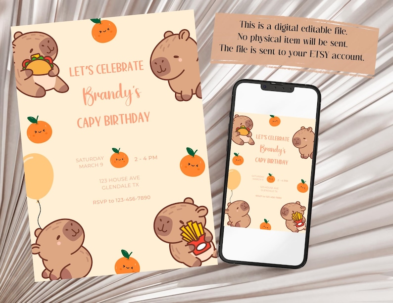May include: A digital printable invitation for a birthday party. The invitation features a cartoon capybara with a taco and a balloon. The text on the invitation reads "Let's Celebrate Brandy's Capy Birthday".