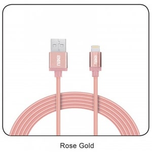May include: Rose gold iPhone charging cable with a USB connector on one end and a lightning connector on the other end.